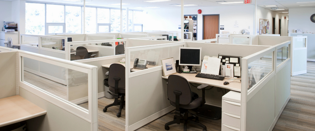 A productive workspace with cubicles arranged in a grid pattern, featuring office chairs, monitors, and supplies.