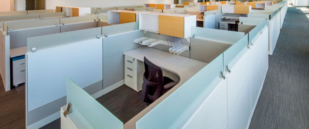 The office cubicles have light blue and white panels, and some have glass partitions for added privacy.