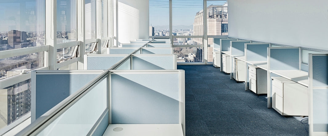 A modern office space with rows of office cubicles and large windows overlooking a city.