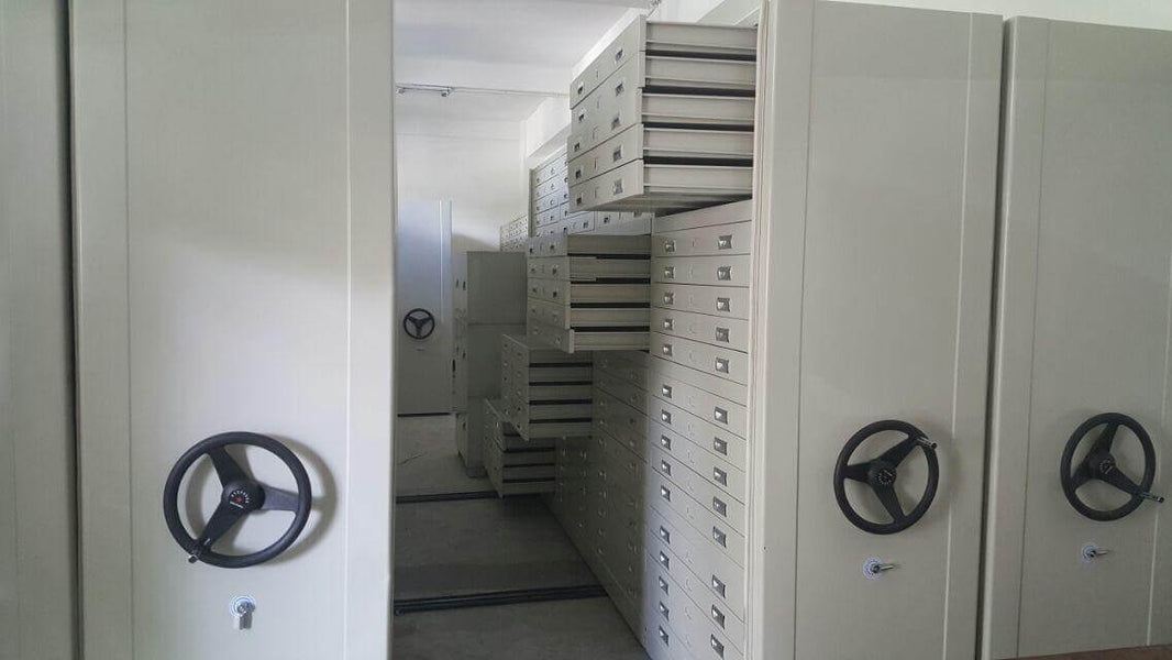 steel cabinets in white powder coated finish in a storage room