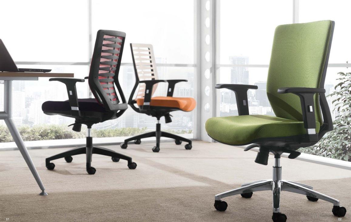 The image shows three office chairs in a modern office setting