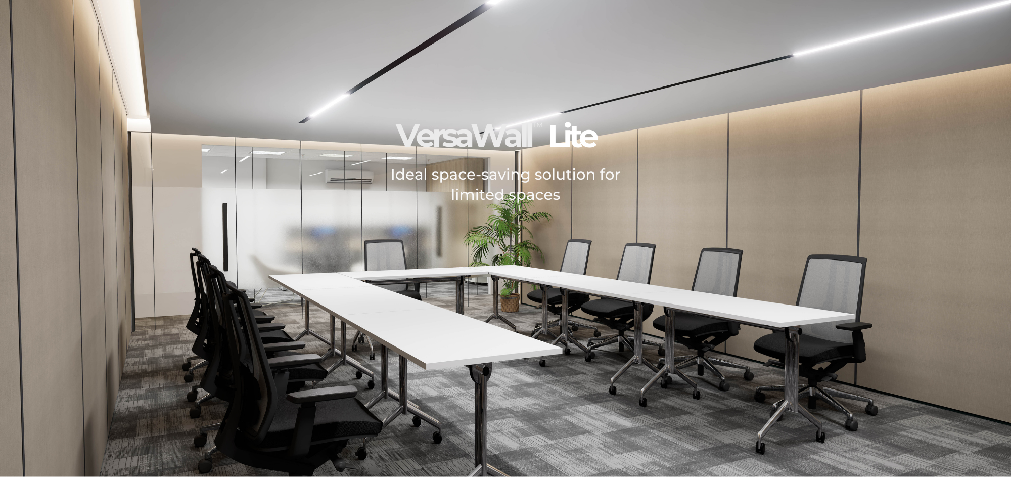 A modern conference room featuring an acoustic movable partition with sleek fabric panels, providing flexibility in dividing the space while enhancing sound insulation. The minimalist design complements the large windows and clean aesthetic, making it ideal for professional environments.